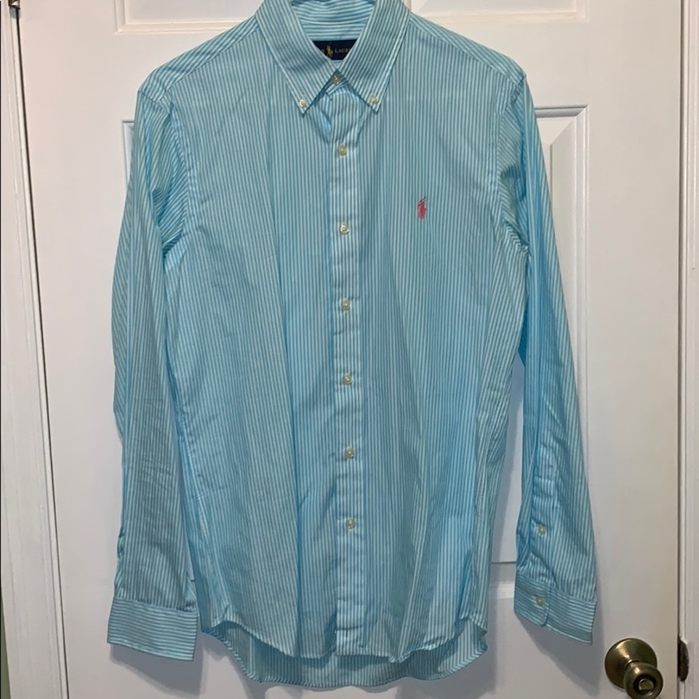 Polo Ralph Lauren Blue/Teal Striped Poplin Shirt - Picture 5 of 5